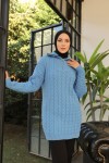  Yaka Fermuarlı Örgü Desenli Triko Kazak Mavi 394