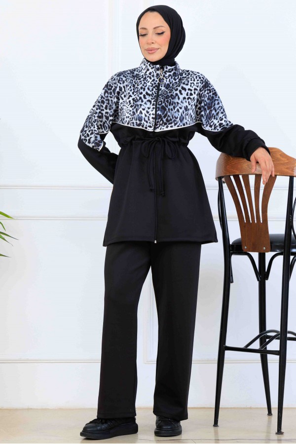 Leopar Desenli Scuba İkili Takım N5357 Siyah