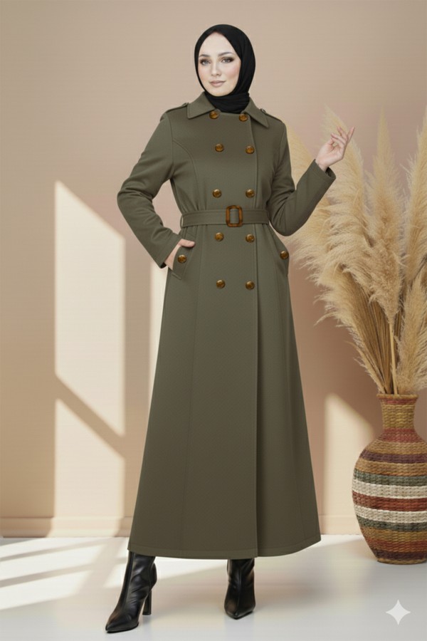  Kuşaklı Trençkot Haki 4901