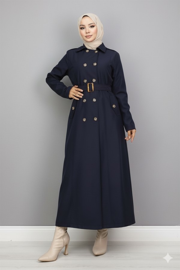  Kuşaklı Trençkot Lacivert 4901