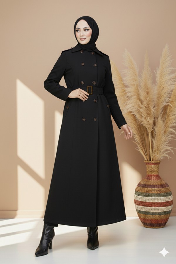  Kuşaklı Trençkot Siyah 4901