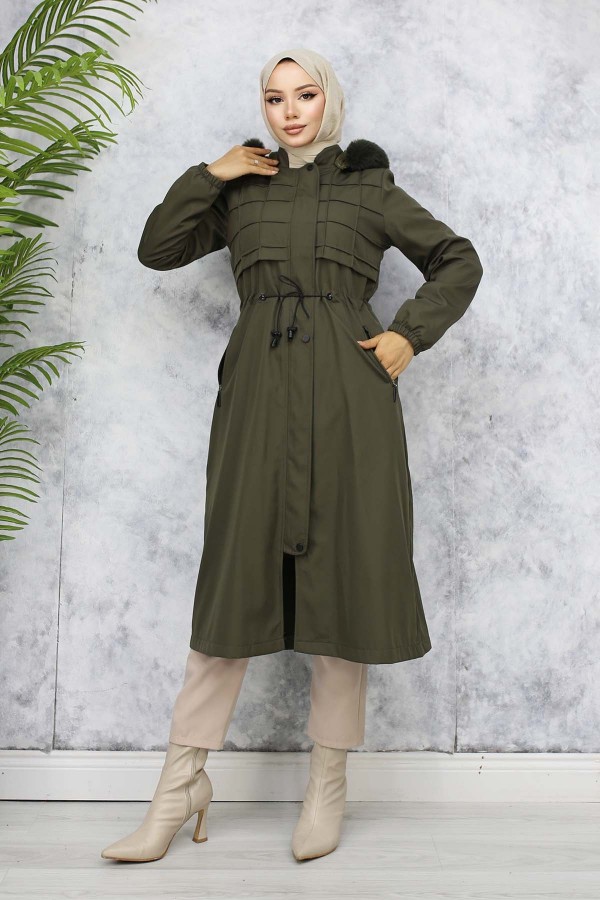  İçi Peluşlu Yakası Kürklü Bondit Mont Haki 1101