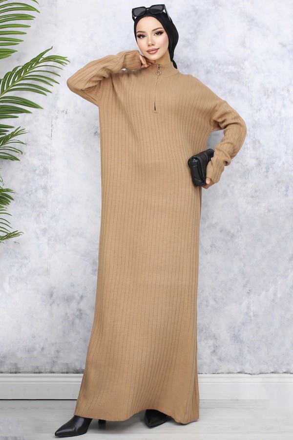  Yaka Fermuarlı Fitilli Uzun Triko Elbise Vizon 11026