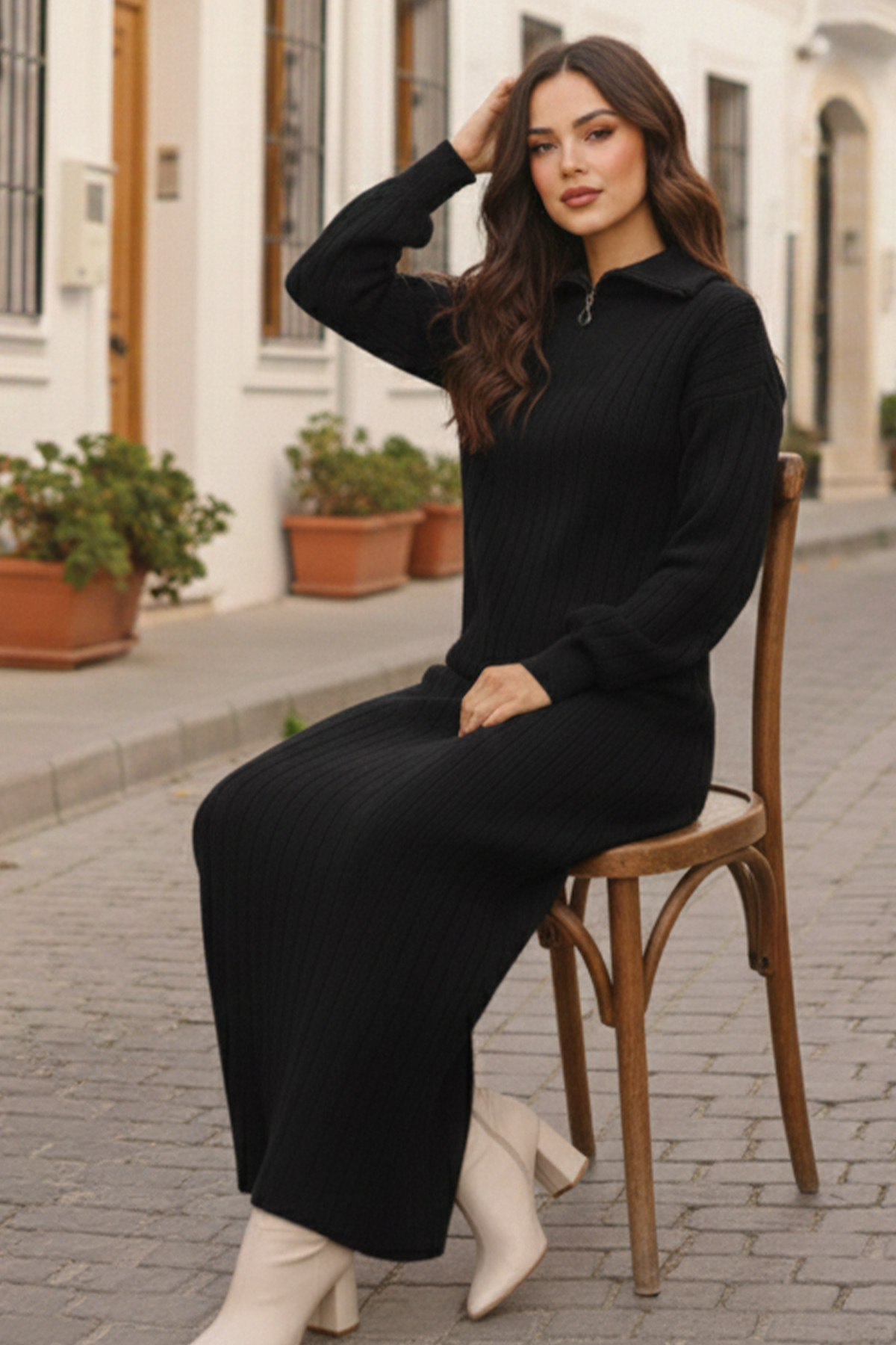  Yakası Fermuarlı Fitilli Triko Elbise Siyah 11032-11