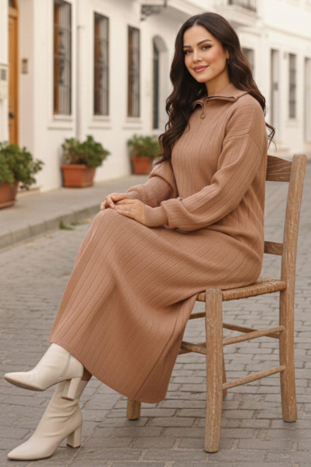  Yakası Fermuarlı Fitilli Triko Elbise Vizon 11032-11