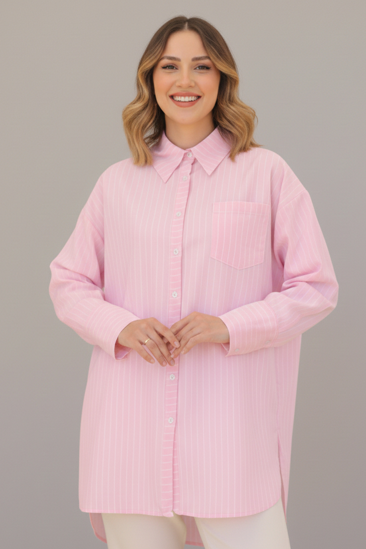  Çizgili Gömlek Pembe 12021