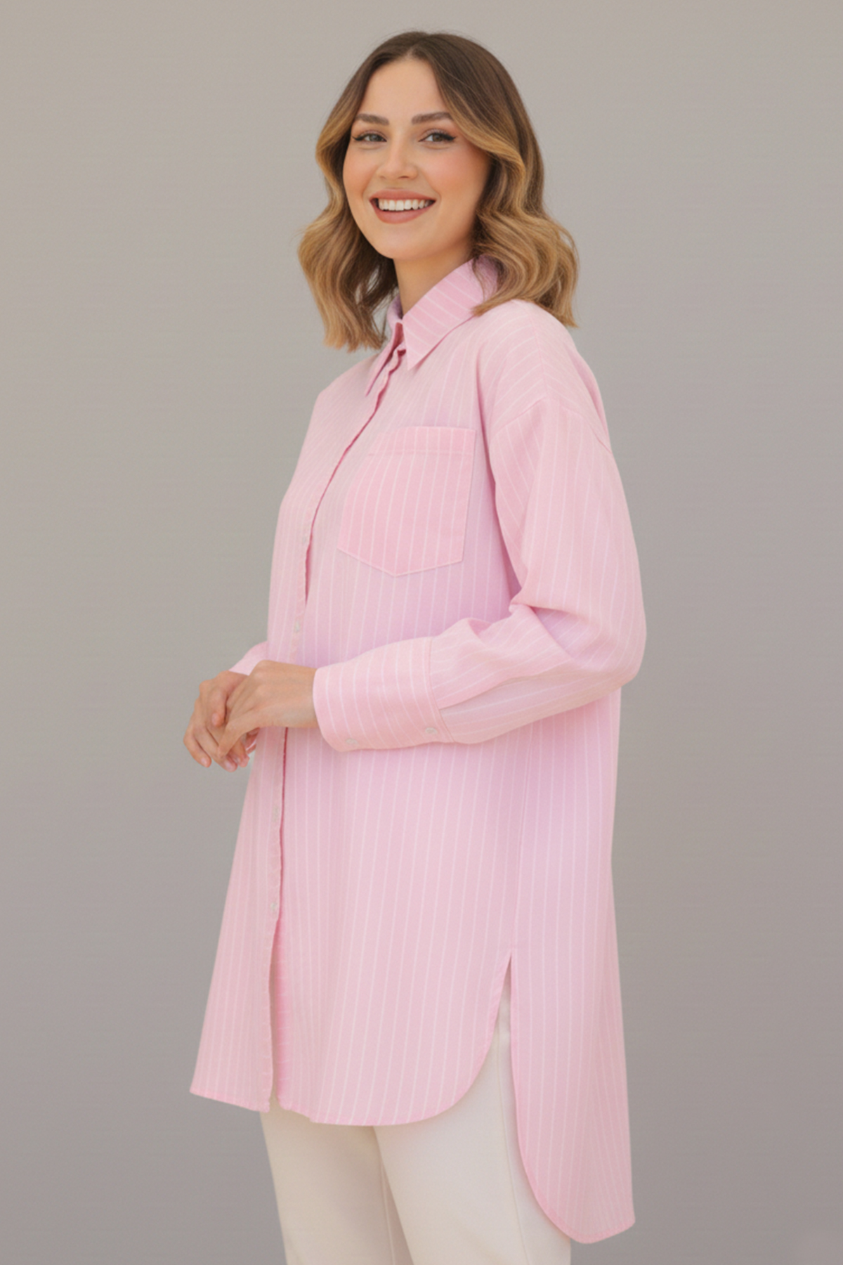  Çizgili Gömlek Pembe 12021