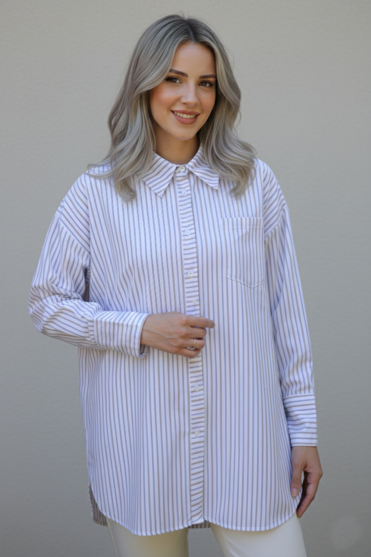  Çizgili Gömlek Krem 12025
