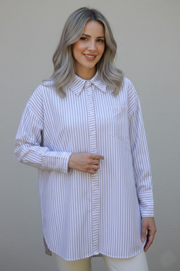  Çizgili Gömlek Krem 12025