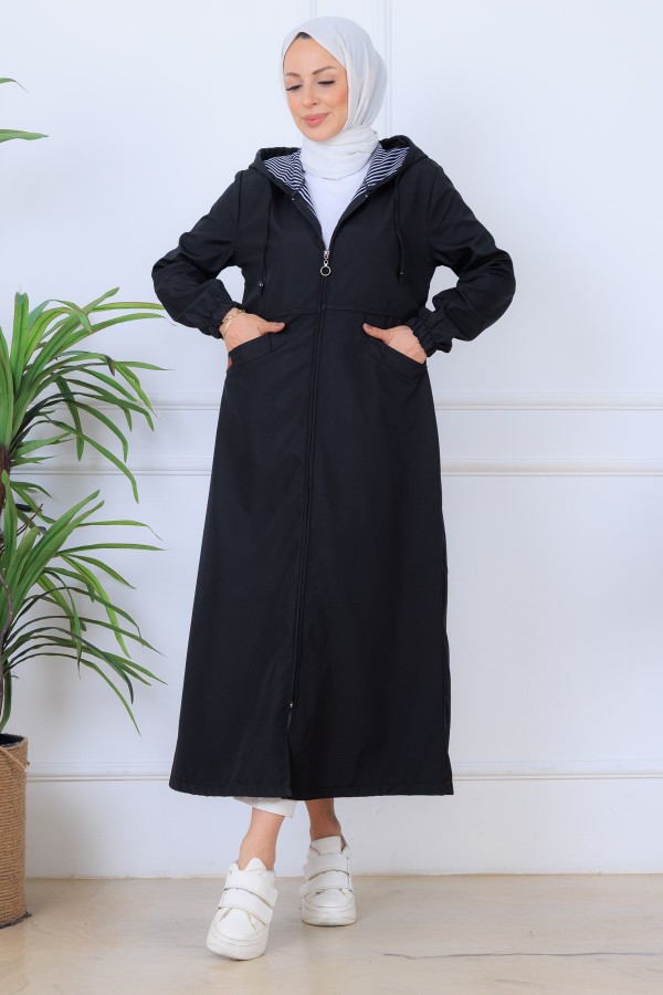 İçi Desenli Uzun Kap O1215 Siyah