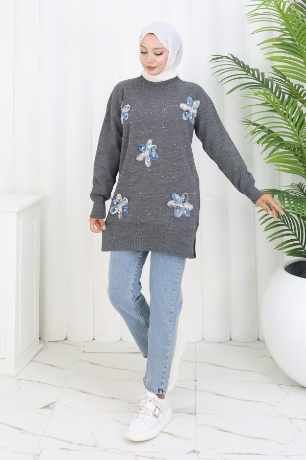 Çiçekli Triko Tunik S3010 Antrasit