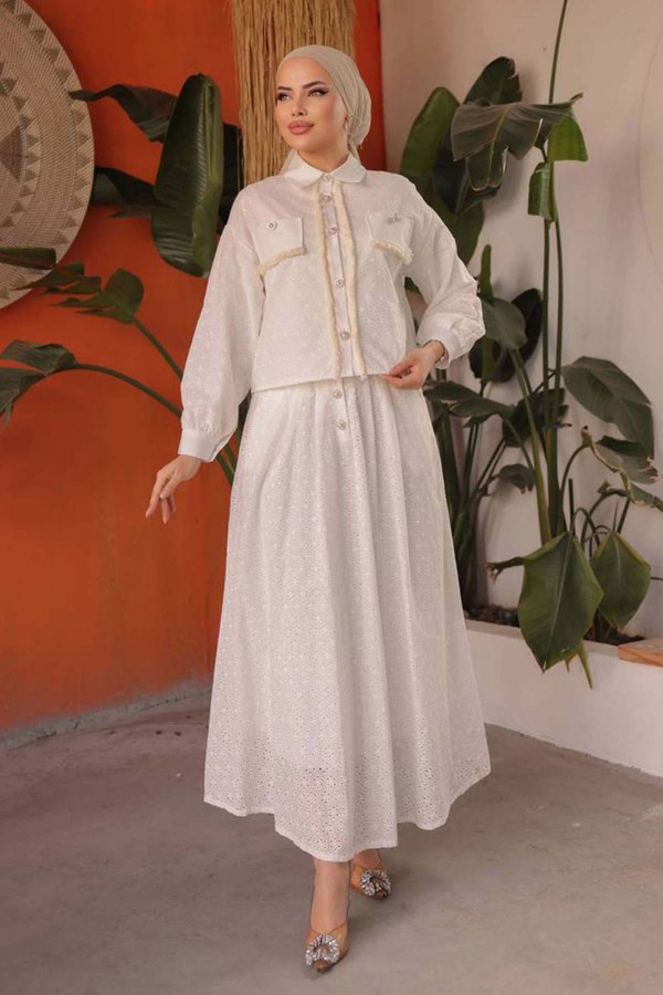 Cep Detaylı İnci Düğmeli İkili Takım Beyaz 1417 Cep Detaylı İnci Düğmeli İkili Takım Beyaz 1417