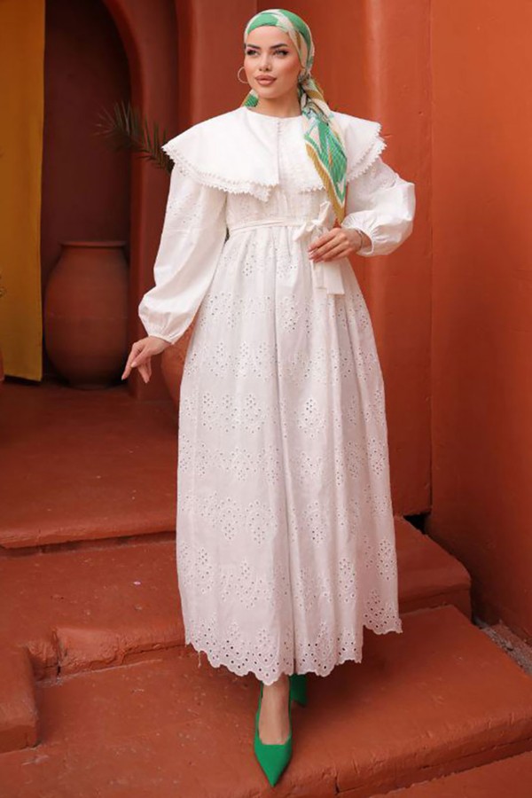 Yaka Detaylı Dantelli Elbise Beyaz 1421 Yaka Detaylı Dantelli Elbise Beyaz 1421