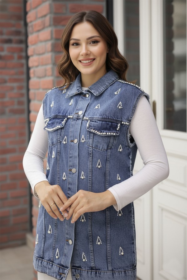  İnci Detaylı Kot Yelek Lacivert 2003