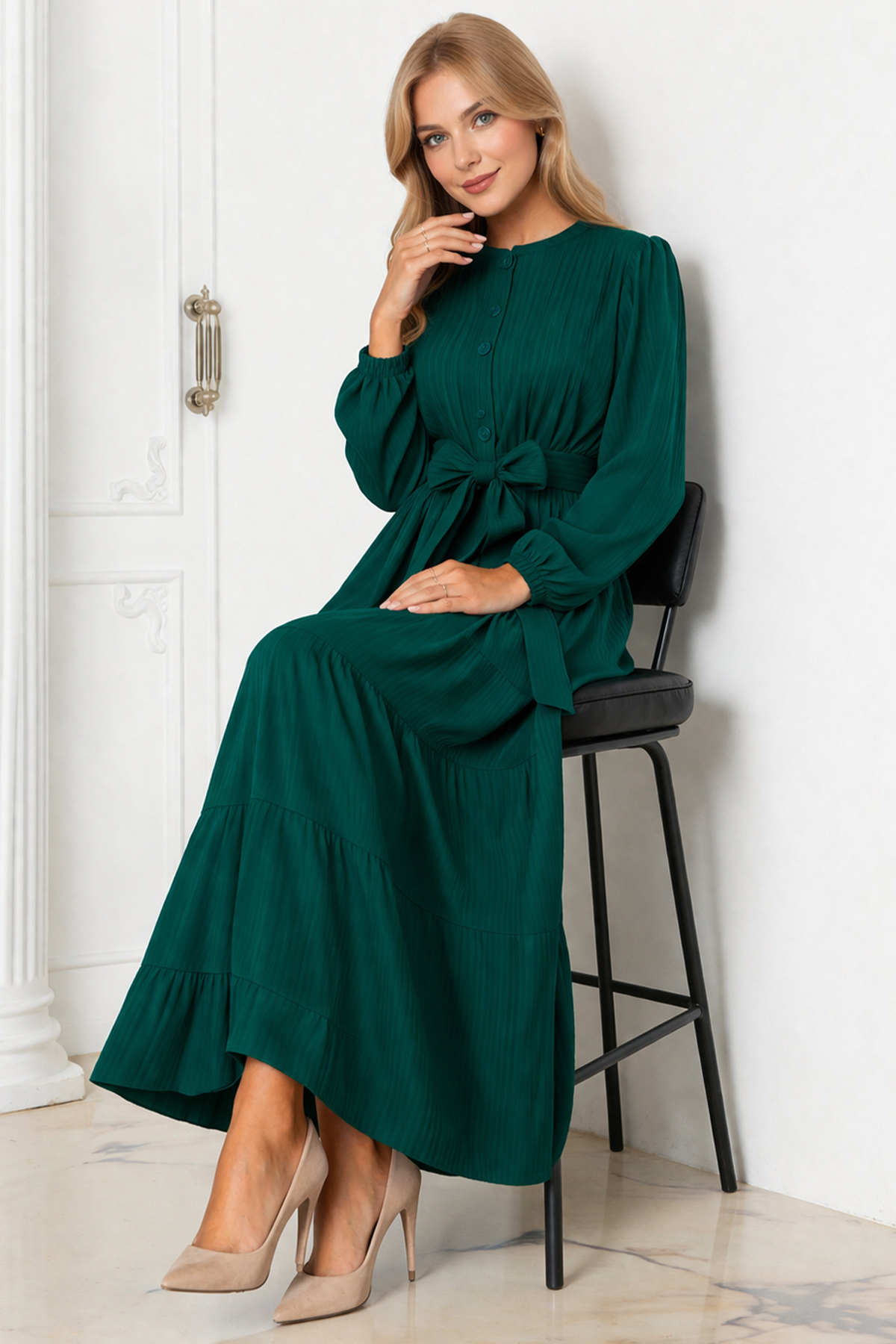 Düğme Detaylı Elbise Zümrüt Yeşili 2024