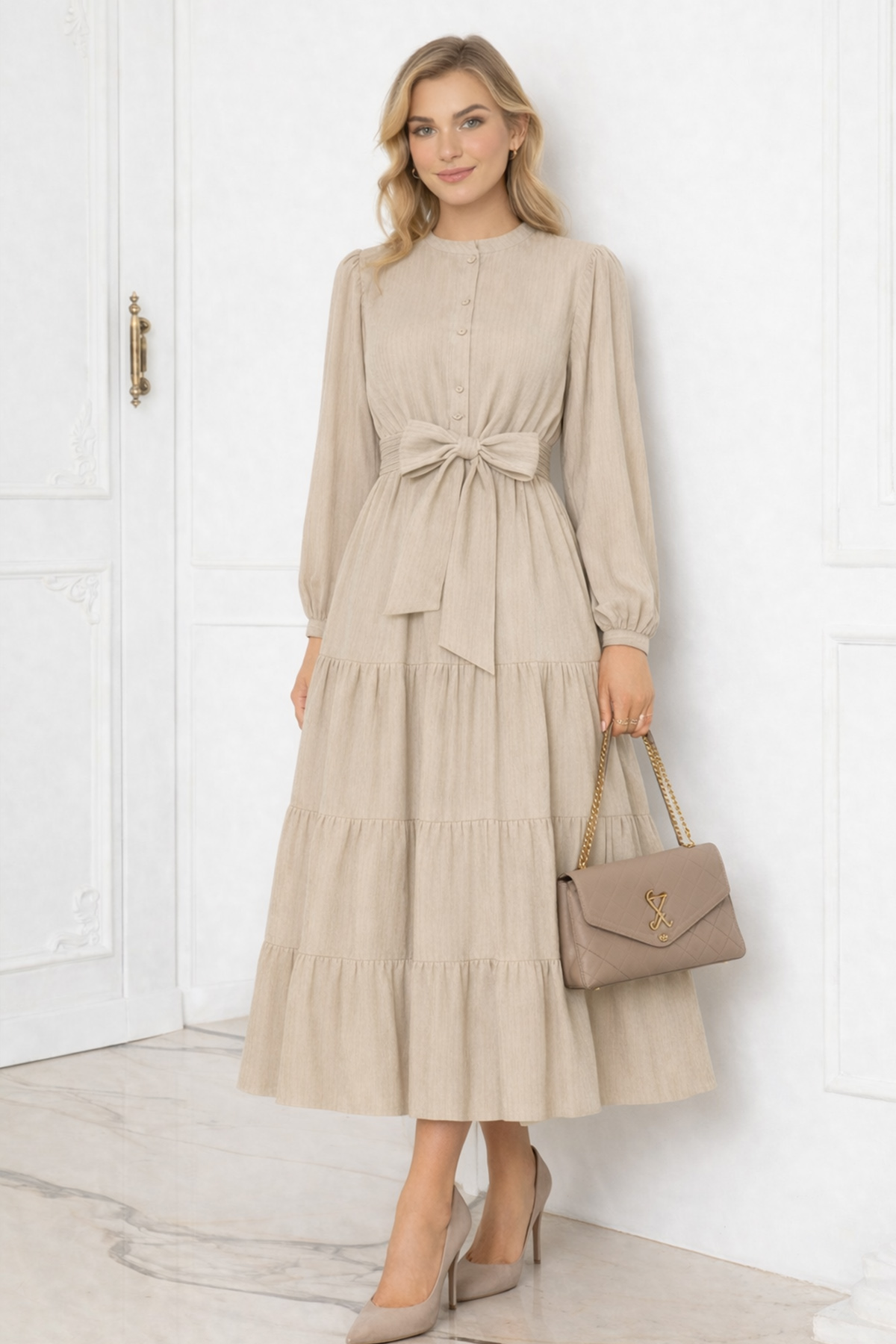  Düğme Detaylı Elbise Bej 2024