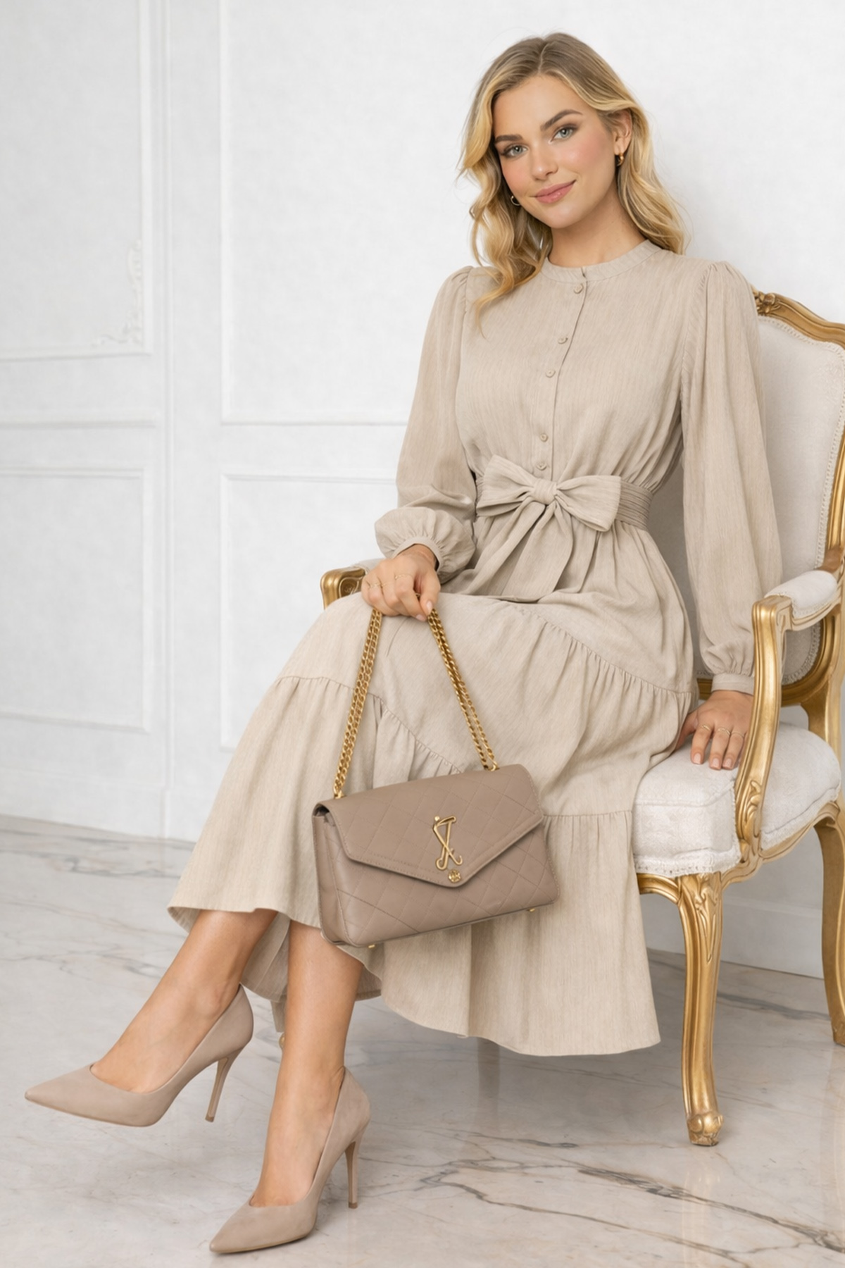  Düğme Detaylı Elbise Bej 2024