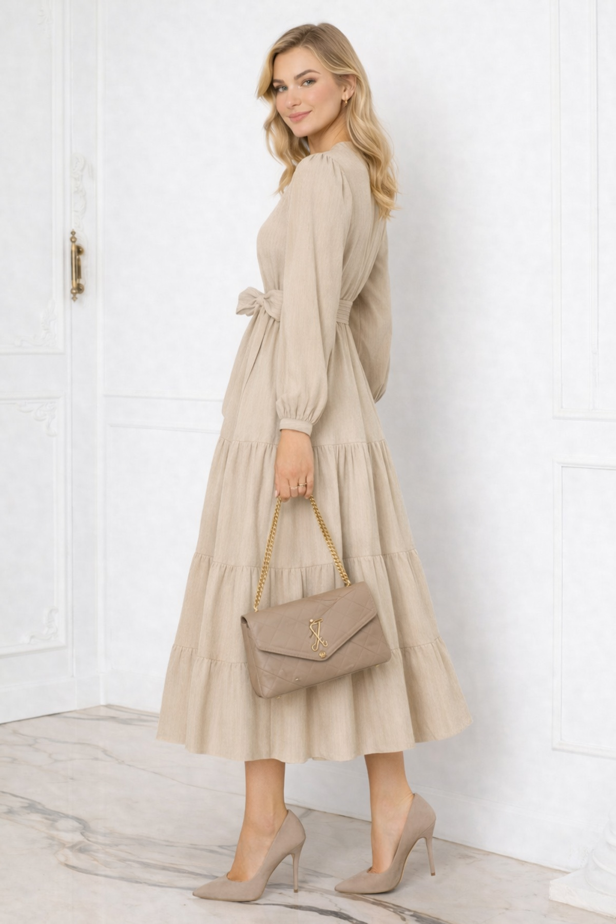  Düğme Detaylı Elbise Bej 2024