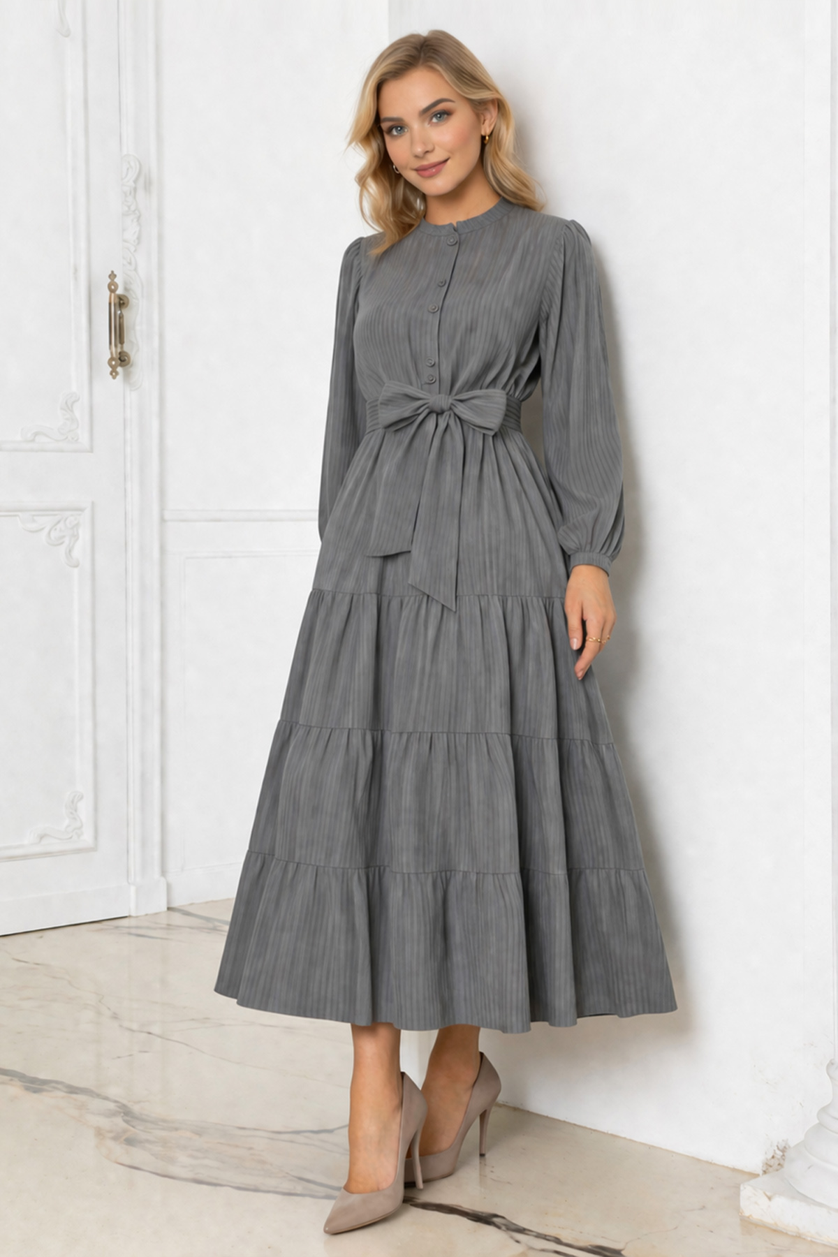 Düğme Detaylı Elbise Gri 2024