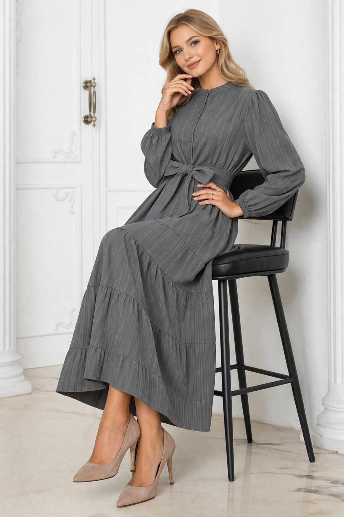 Düğme Detaylı Elbise Gri 2024