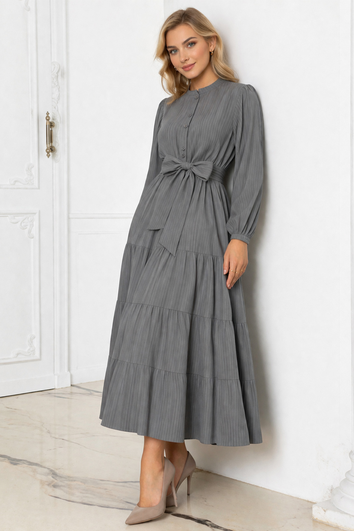 Düğme Detaylı Elbise Gri 2024