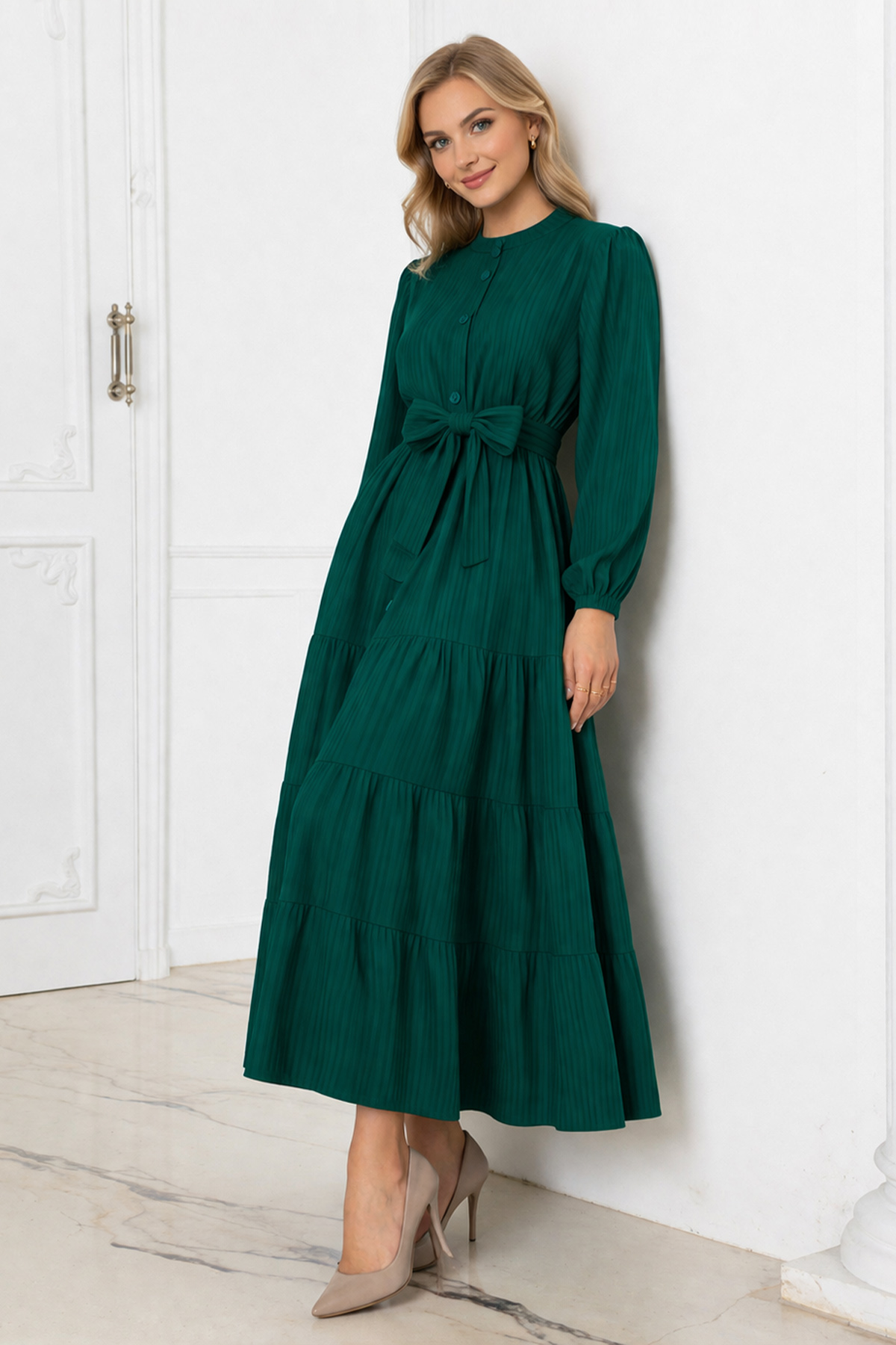 Düğme Detaylı Elbise Zümrüt Yeşili 2024