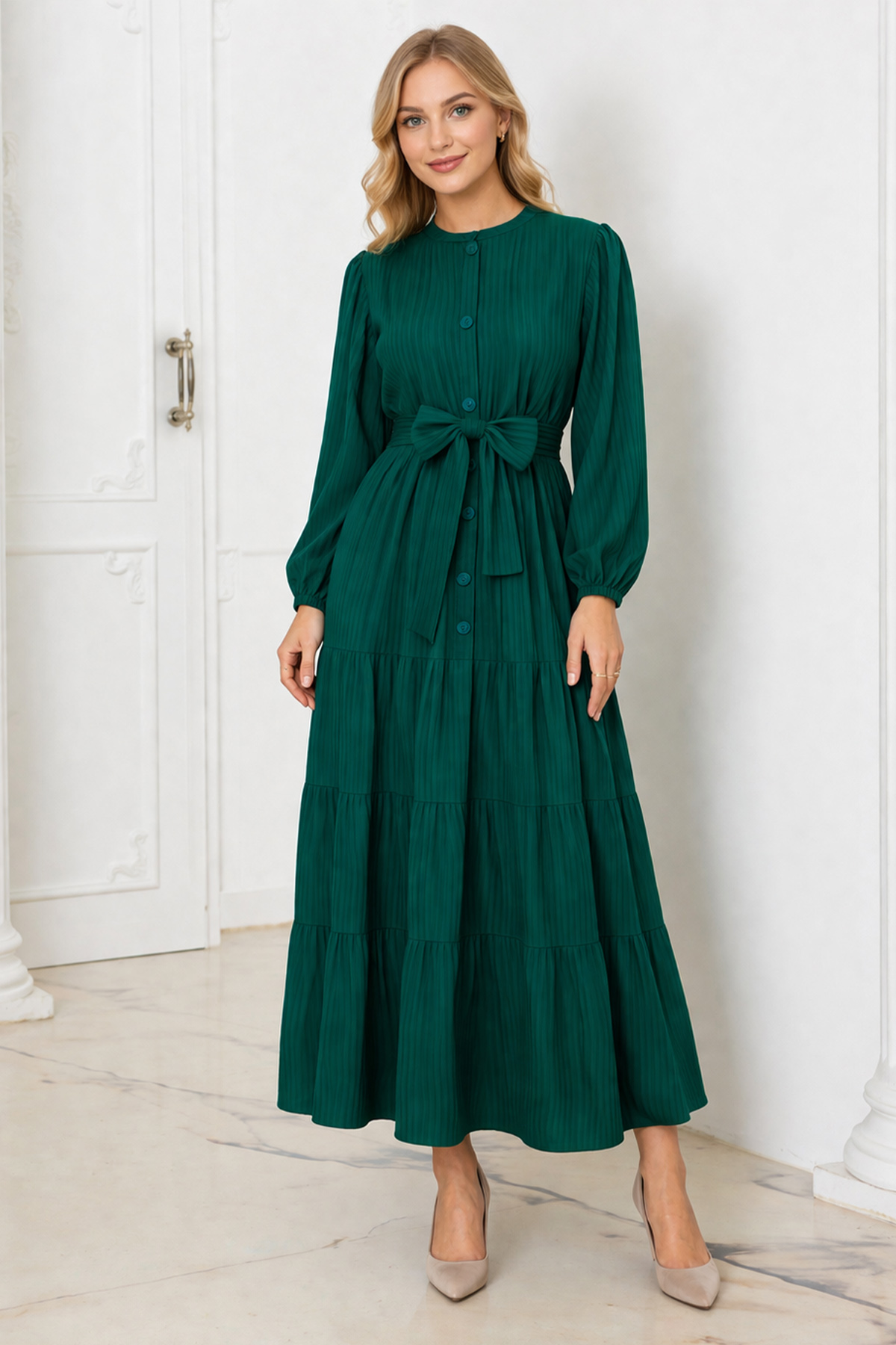 Düğme Detaylı Elbise Zümrüt Yeşili 2024