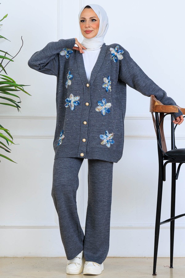 Çiçekli Triko Hırka Takım S1001 Antrasit