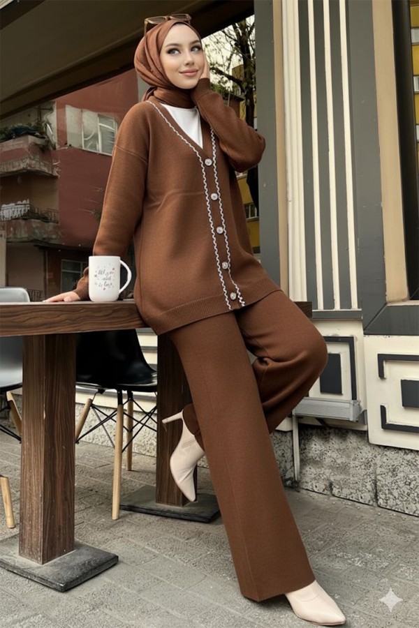 Şerit Detaylı Triko Ceket Takım H25302 Kahverengi