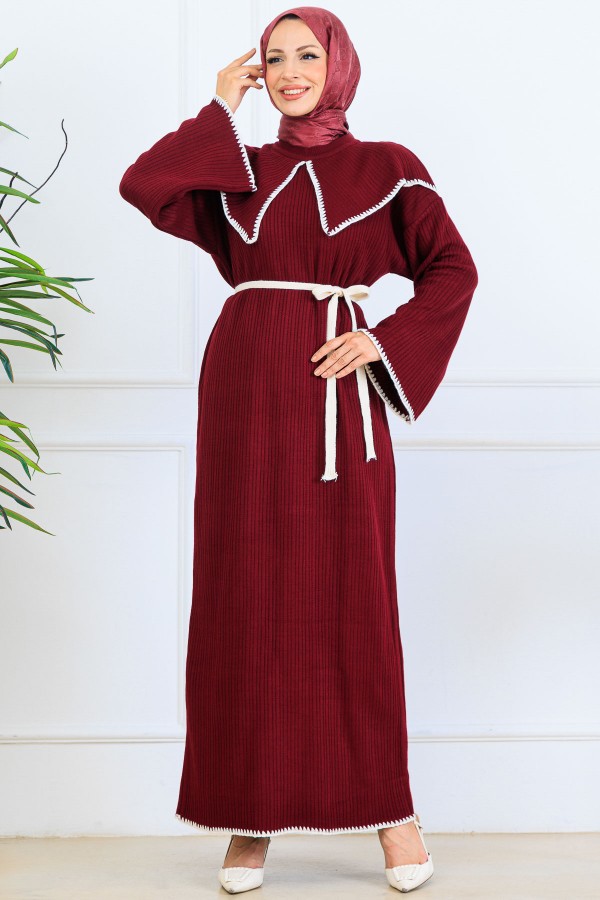 Yaka Detaylı Triko Elbise K3036 Bordo