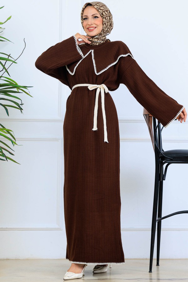 Yaka Detaylı Triko Elbise K3036 Kahverengi
