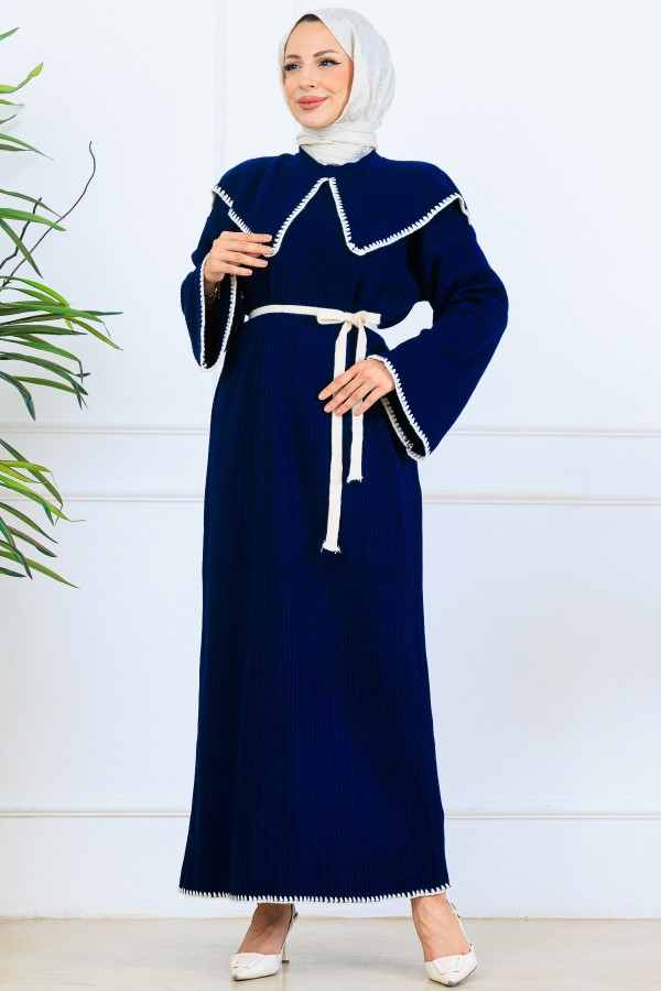 Yaka Detaylı Triko Elbise K3036 Lacivert