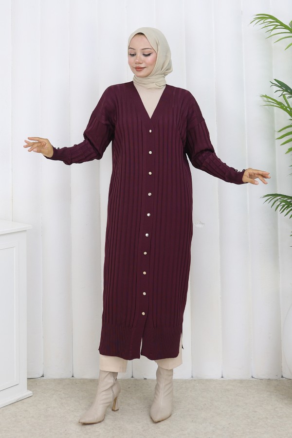 Desenli Uzun Merserize Hırka N3257 Mürdüm Desenli Uzun Merserize Hırka N3257 Mürdüm