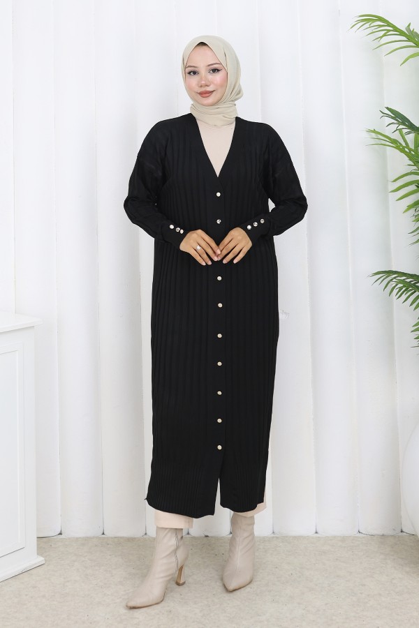 Desenli Uzun Merserize Hırka N3257 Siyah Desenli Uzun Merserize Hırka N3257 Siyah