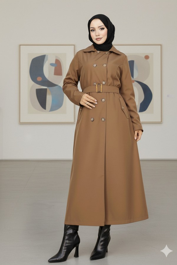  Kuşaklı Trençkot Taba 4901