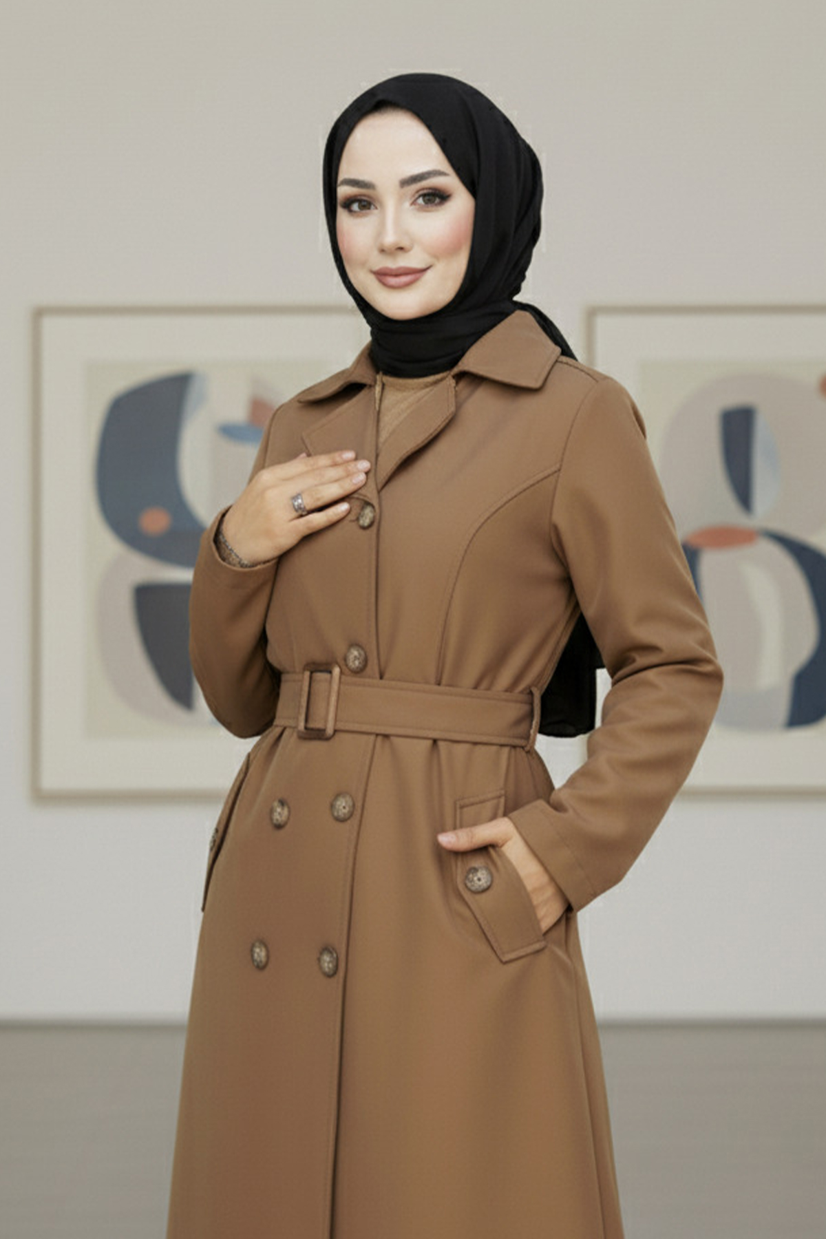  Kuşaklı Trençkot Taba 4901