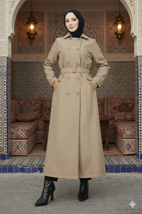  Kuşaklı Trençkot Vizon 4901