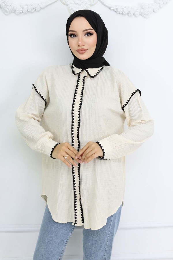  Nakış Detaylı Gömlek Taş Rengi 2047