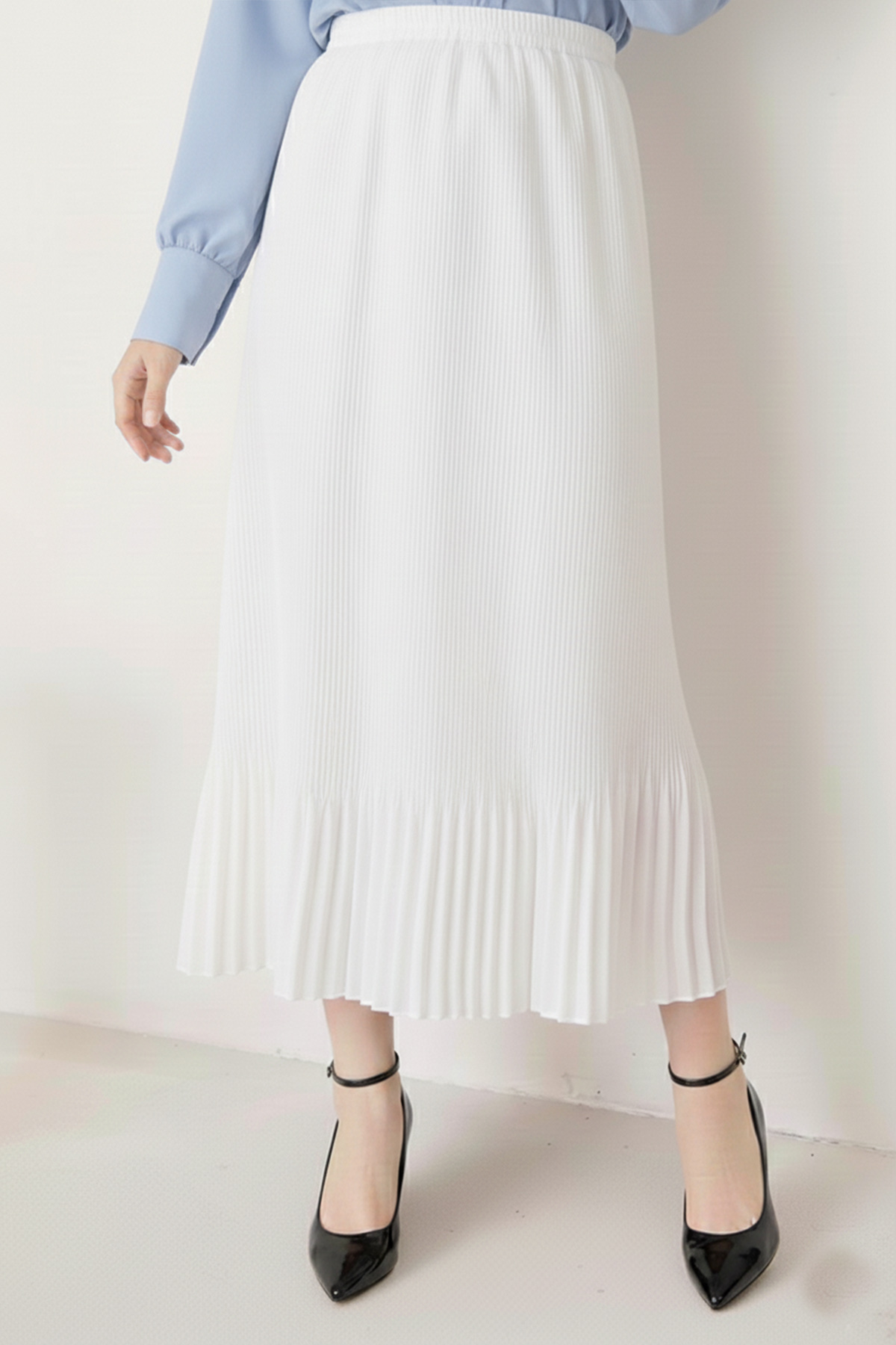 Piliseli Tesettür Etek Beyaz 205