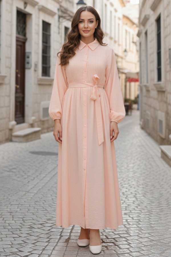  Nervürlü Elbise Somon 2073