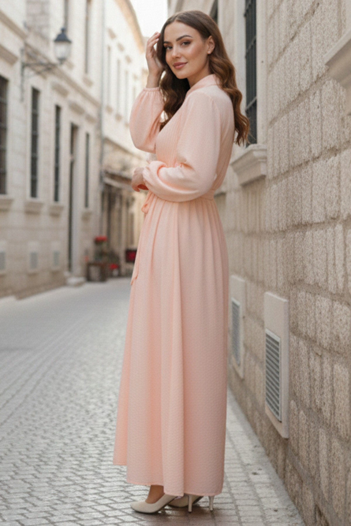  Nervürlü Elbise Somon 2073