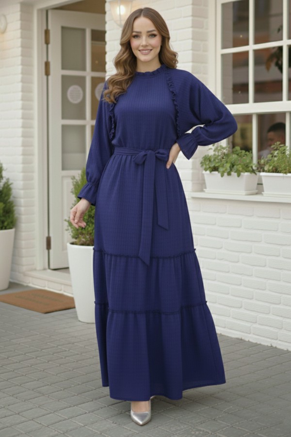  Kuşaklı Fırfır Detaylı Elbise Lacivert 2084