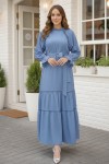  Kuşaklı Fırfır Detaylı Elbise Mavi 2084