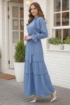  Kuşaklı Fırfır Detaylı Elbise Mavi 2084
