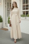  Kuşaklı Fırfır Detaylı Elbise Taş Rengi 2084