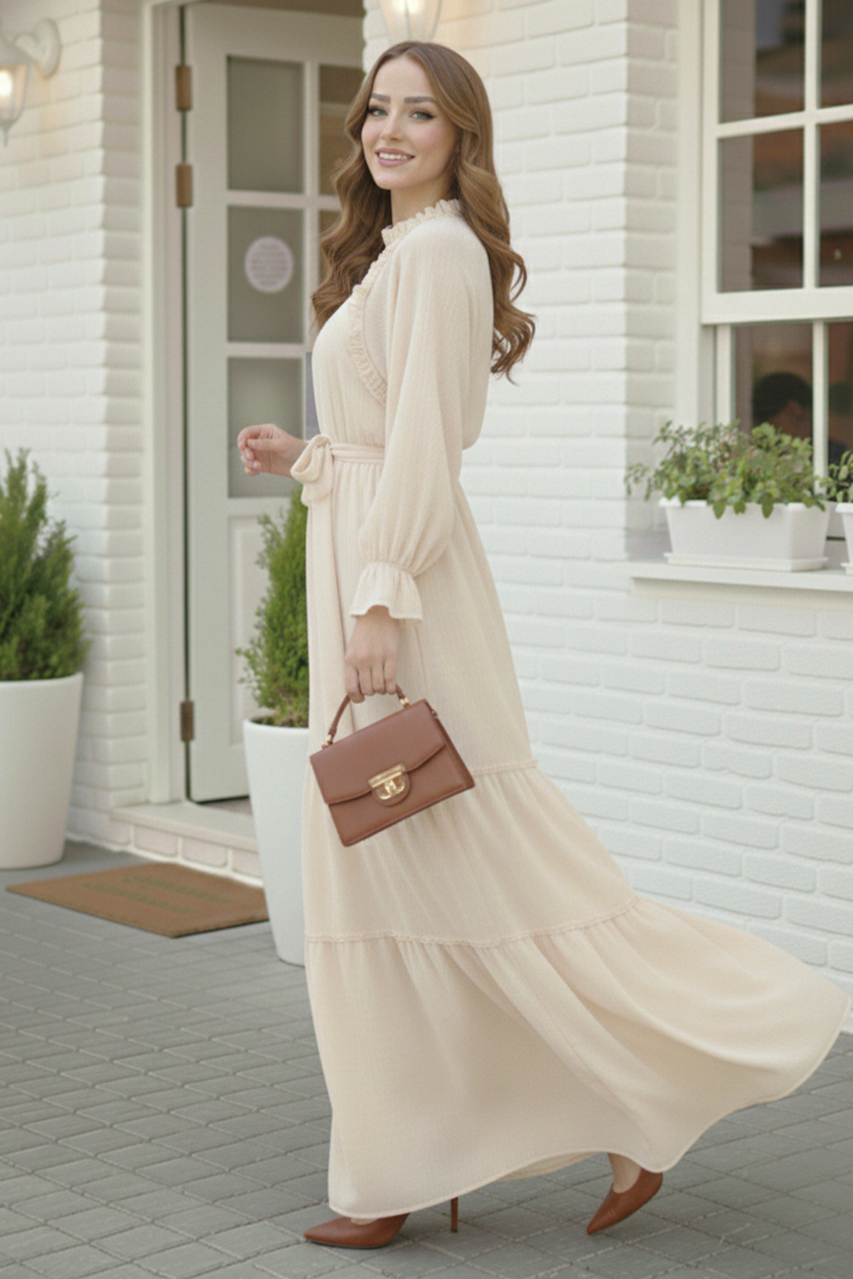  Kuşaklı Fırfır Detaylı Elbise Taş Rengi 2084