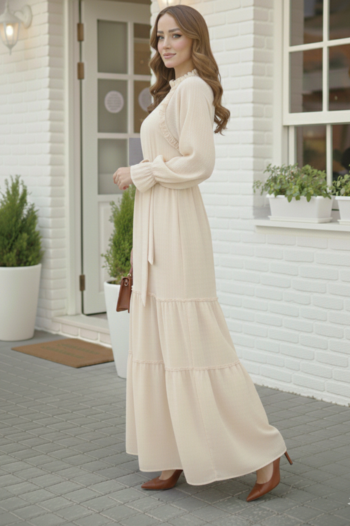  Kuşaklı Fırfır Detaylı Elbise Taş Rengi 2084