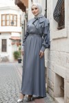  Beli Kuşaklı Fırfır Detaylı Elbise Gri 2092