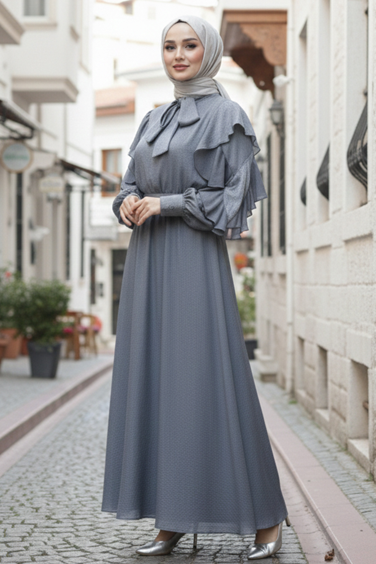  Beli Kuşaklı Fırfır Detaylı Elbise Gri 2092