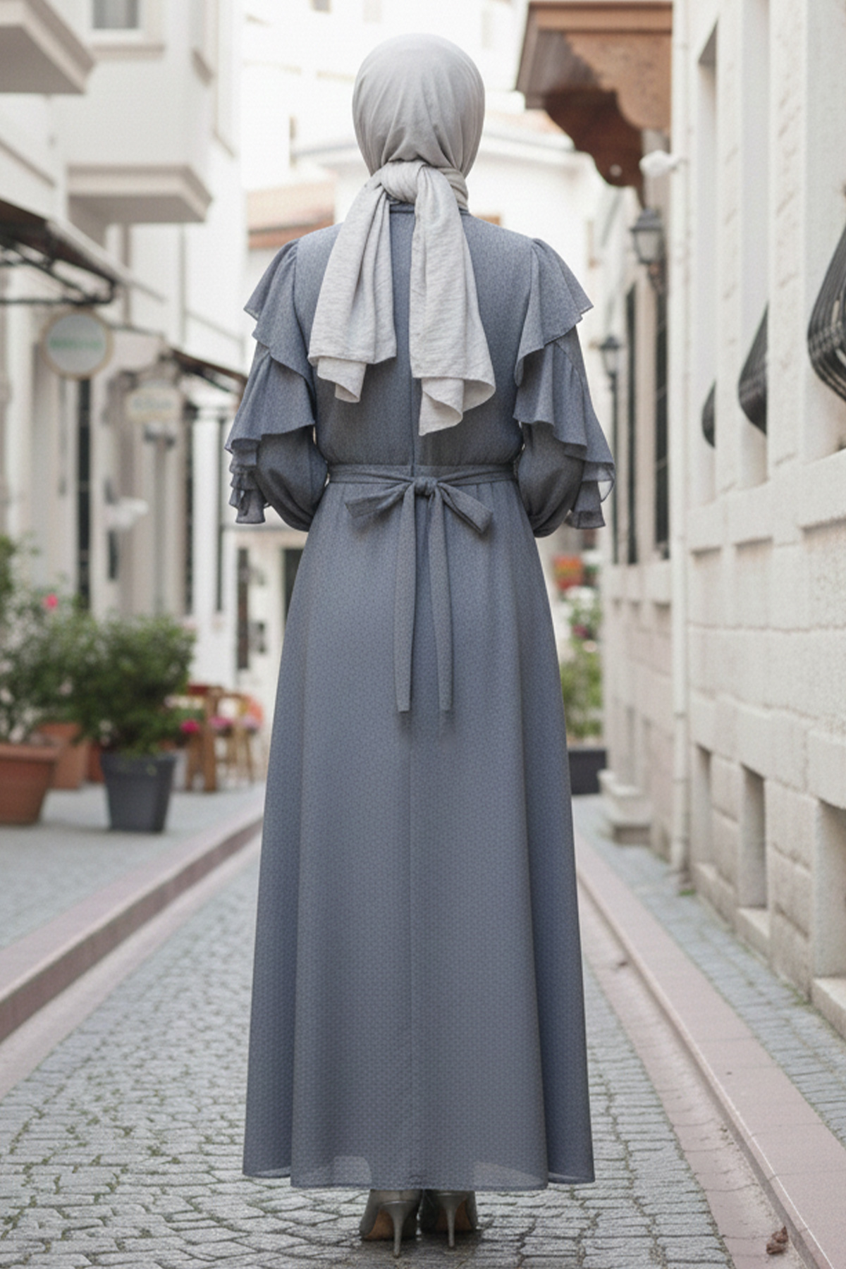  Beli Kuşaklı Fırfır Detaylı Elbise Gri 2092